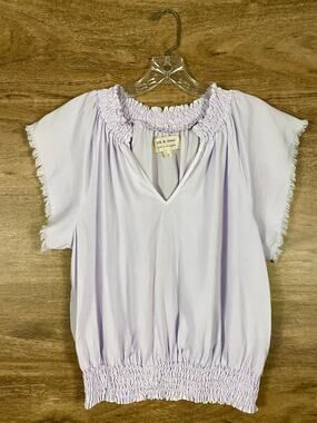 Cloth & Stone Lavender Tencel Blouse Women’s Small Smocked Waist V-Neck Fringe